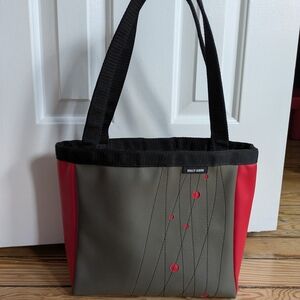 Holly Aiken Atomic Dots Sedan Tote Gray & Red Vegan Vinyl Shoulder Bag Tote
